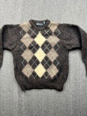 Christopher Hayes Sweater Women Medium Brown Argyle Crew Neck Long Sleeve Fuzzy